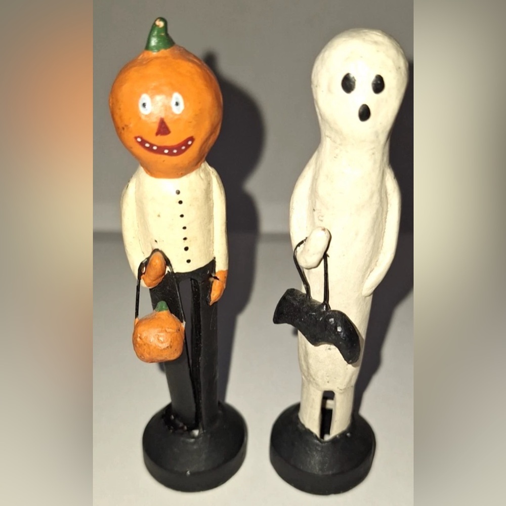 LOT OF 2 SET POLIWOGGS FOLK ART HALLOWEEN GHOST BAT & PUMPKIN
HEAD DEPT 56